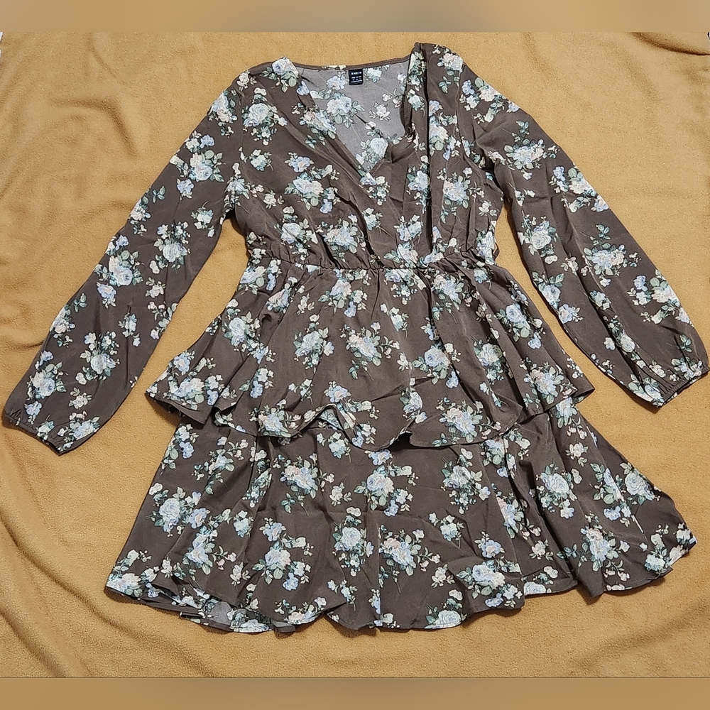 SHEIN Blue Floral Print Ruffled Brown Short Dress